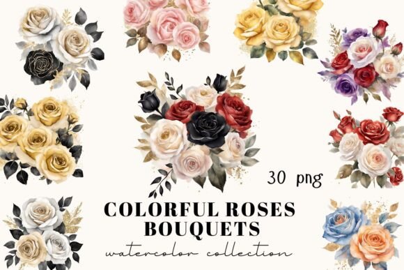 Colorful Watercolor Roses & Gold Roses: Elevate Your Design Projects
