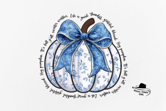 Elegant Autumn Design: Blue Floral Pumpkin Coquette Bow